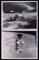 Apollo 15: Two Separately Signed Photos of Lunar Module Pilot James Irwin on Moon and Command Module Pilot Al Worden Orbiting Mo
