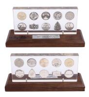 Flown Gemini Silver Medallions, Complete Set In Lucite, Originally Owned by Buzz Aldrin Who Has Signed Along the Wood Base