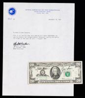 Apollo 15 Flown $20 Bill Certified by Al Worden and the Bill Itself Signed by All Three Crewmen, Jim Irwin, Dave Scott and Al Wo