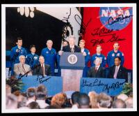 STS-95 "Discovery" John Glenn's Final Flight Into Space. Crew Signed Photo with Bill Clinton Speaking Prior to Launch