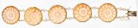Unusual and Lovely Shell Cameo Style Bracelet of Five Rounds Each Having a Floral Motif in 14K Yellow Gold Bezels and Links