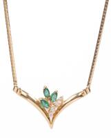 Ladies Lovely 14K Yellow Gold Pendant Necklace from Italy Having a Foliate Design made of Bright Emeralds and Tiny Accent Diamon