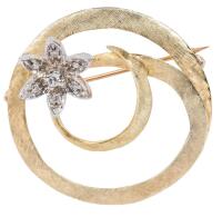 Ladies Vintage 14K Brushed Yellow Gold Ribbon Swirl Accented with a Delicate Floral Blossom with Diamond Accents