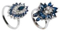 Two Ladies Sapphire and Diamond Rings, Wildly Different Styles but Both Very Appealing with Deep Blue Sapphires Set in 14K White