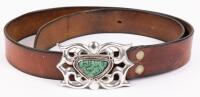 Magnificent Men's Old Pawn Sandcast Sterling Silver Buckle with Exceptional Nevada Turquoise and Vintage Leather Belt