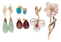 Very Appealing 14K Yellow Gold Jewelry, 3 Pair of Earrings: Garnet, Opal and Jade Drops. Also, a Floral Pearl Pin and a Pearl Pe