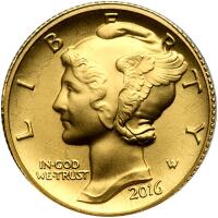 2016-W. Mercury Dime Centennial Gold Coin 10th ozt .9999 Fine