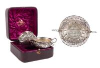 Great Britain. Sterling Silver Creamer and Sugar from the Late 1800's in Original Custom Fitted Box Each Embedded with a Shillin
