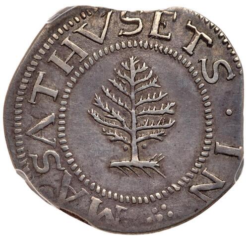 1652 Pine Tree Shilling. Large planchet, pellets at trunk. 68.6 grs