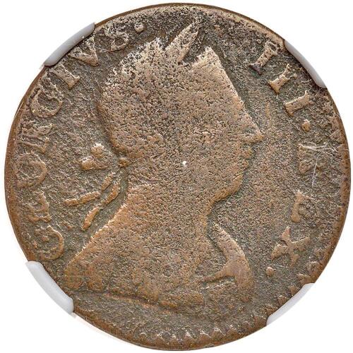 1776. Machin's Mills Copper Halfpenny. 'Georgivs' NGC Fine Details