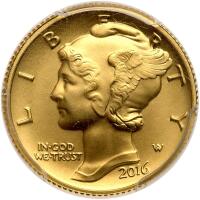2016-W. Mercury Dime Centennial 1/10th ozt 24K Gold Coin