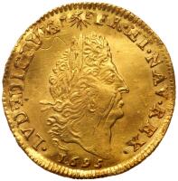 France. &Acirc;&frac12; Louis d'or, 1695-W (Lille) NGC About Unc