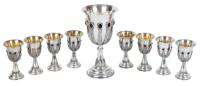 Stunning Vintage Jacob Kiddish Cup by Yaacov Yemini and 8 Matching Liqueurs. Exquisite Sterling Silver Craftsmanship with Garnet