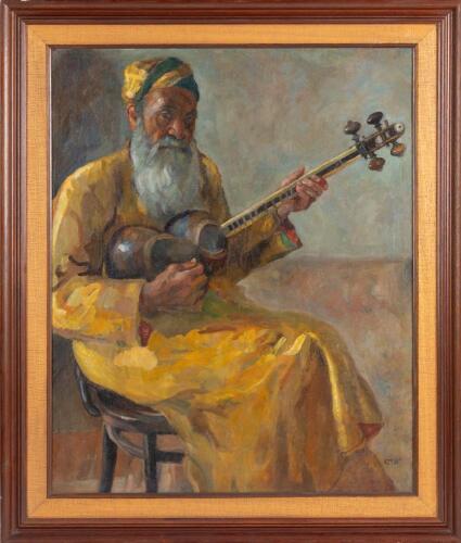 Shlomo Bernstein: "Gentleman Playing a Tar" Original Oil on Canvas Mounted on Wood Panel