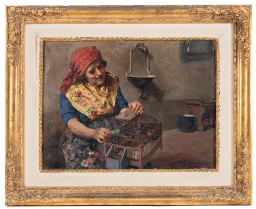 Michele Garinei: "Woman Selling Songbirds" Original Oil on Canvas.