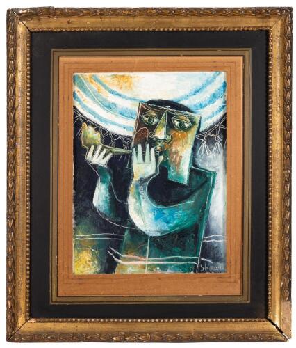Pinchas Shaar: "Blowing of the Shofar" Original Oil on Canvas Laid on Cardboard