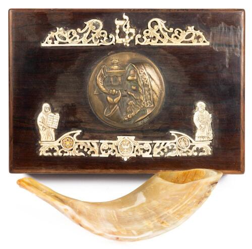 Shofar Horn and Rare Antique Box Case. Bronze Medallion of Rabbi Blowing the Shofar. Carved Bone Insets in Foliate Design w/Mose