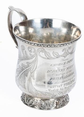 Coin Silver Presentation Mug to Grandson of Celebrated Jewish Silversmith, Myer Myers. Dated Norfolk, Virginia October 16, 1839