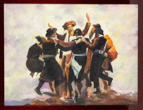 Artist Unknown. Contemporary Acrylic on Canvas of Rabbis in Joyful Dance