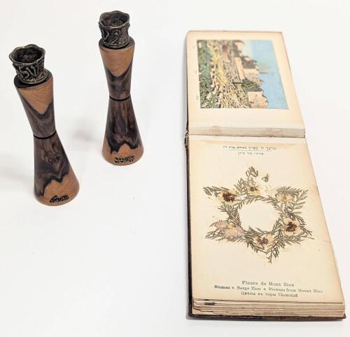 Pair of Shabbat Candlesticks in Olive Wood from Israel + Antique Pressed Book of Flowers also in Olive Wood with Inlaid Details