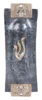 Contemporary Mezuzah with Kosher Scroll. Mezuzah is Made of Stiff Rubber with a Beautiful Foliate Overlay in Steel Gray and Foli