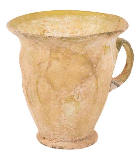 Museum Worthy, Ancient Roman Large Glass Cup with Handle and Raised Leaf Designs Intact.