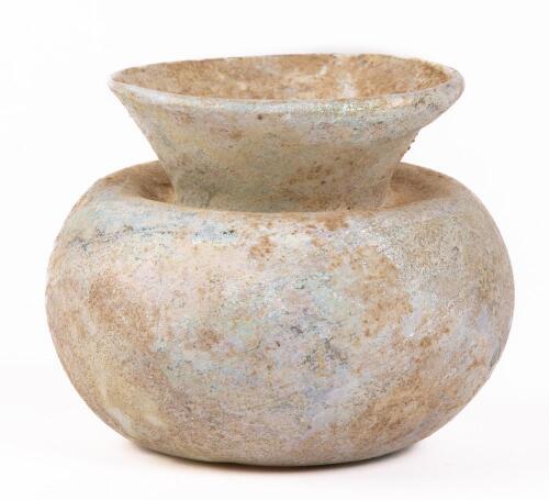 Outstanding Ancient Blown Glass Unguentarium, Elegant Craftsmanship Clearly Visible with the Recessed Neck Within the Bulbous Bo