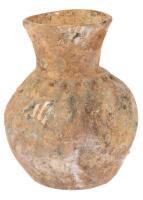 Mold-Blown, Short-Necked Glass Bottle with Raised Details Completely Surrounding Including Two Designs on Opposing Sides