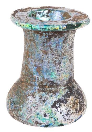 Ancient, Heavy, Dark Green Glass Unguentarium with Spectacular Iridescence in Blues and Purples Covering the Entire Bottle