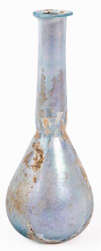 Elongated and Tapered, Tall-Necked Unguentarium, 2nd-3rd Century CE in Light Blue Glass with Silver Iridescence. Beautiful.