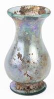 Blown Glass Unguentarium on Raised Base. Light Green Glass has an Appealing Vase Shape with Opalescent Iridescence Throughout