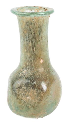 Short, Mold-Blown Unguentarium in Light Green Glass with Four Dimples Surrounding Body.