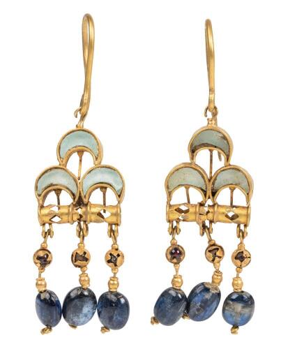Beautiful High Karat Yellow Gold Revival Dangling Earrings Light and Deep Blue Glass Drops. Absolutely Wearable