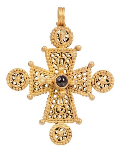 Magnificent Byzantine High Karat Yellow Gold Cross Pendant Boasting Lovely Filigree Work.