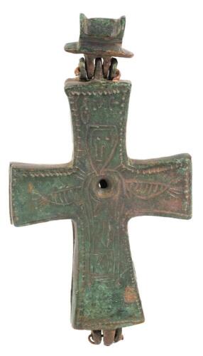 Bronze Byzantine Reliquary Cross called an "Enkolpion" with a Crude Figure of Christ etched on Obverse and Reverse