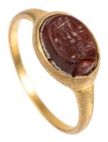 Petite High Karat Yellow Gold Ring with Garnet Intaglio of Possibly a Temple