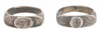 Two Silver Byzantine Rings Crafted Very Similarly. One a Cross, the other Having Engraved "A V E"