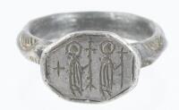 Men's Silver Signet Style Ring with Two Saints Nicely Engraved with Crosses