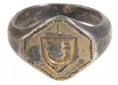 Irregular Six-Sided Silver and Gilt Washed Ring with Etched Dolphin Inside Shield