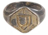 Irregular Six-Sided Silver and Gilt Washed Ring with Etched Dolphin Inside Shield