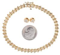 Ladies Petite 14K Yellow Gold and Diamond Tennis Bracelet and Matching Stud Earrings Totaling Approximately 3.70 Carats