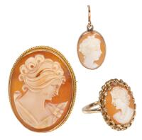 Ensemble of Elegant Cameos: Small Brooch, Ring and Petite Pendant in 18K and 14K Yellow Gold. Brooch, in 18K is a Beauty