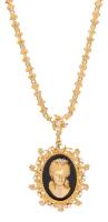Ladies Dramatic Cameo-Style Pendant Necklace in 14K Yellow Gold with Accent Diamonds and Striking 22" 14K Yellow Gold Chain