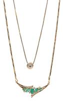 Two 14K Yellow Pendant Necklaces. One Diamond Solitaire, One a Cluster of Beautiful Emeralds in a Leafy, Foliate Design