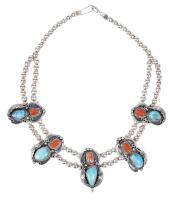 Navajo Sterling Silver Necklace with Turquoise and Coral Stations