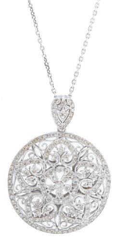 Ladies 14K White Gold and Diamond Art Deco Style Medallion Pendant on a 14K White Gold Chain