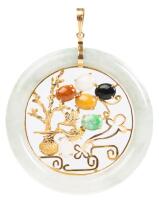 Lovely Jade Hoop Pendant with Beautiful 14K Yellow Gold Bonsai Tree Wirework with Semi-Precious Stones as Blossoms