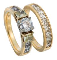 Beautiful, Custom Made Bridal Set with Center 3/4 Carat Diamond Flanked by Two Radiant Cut Fancy Light Yellow Diamonds. Ring Tot