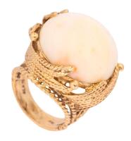 Ladies 14K Yellow Gold and White Coral Cabochon Ring Beautifully Supported by Ribbons Encircling the Coral Centerpiece