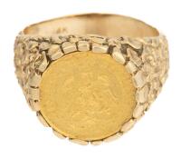 Ladies Petite 14K Yellow Gold Ring with an Authentic 1945 Two Peso Mexican Gold Coin